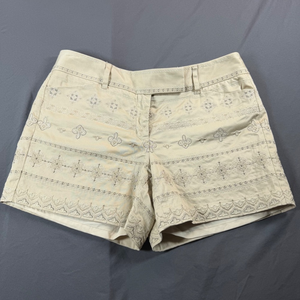 White House Black Market Khaki Embroidered Fleur-de-lis Shorts 6 570082392